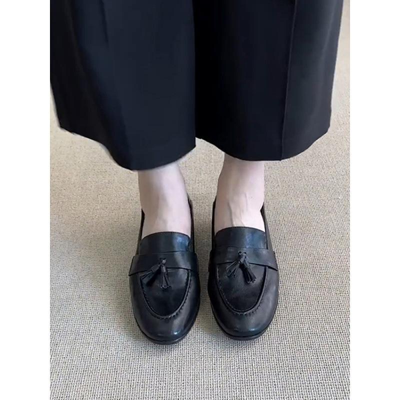 Sheepskin version~ French retro round head fringed thick heel small leather shoes commuter black one-pedal loafers women's single shoes