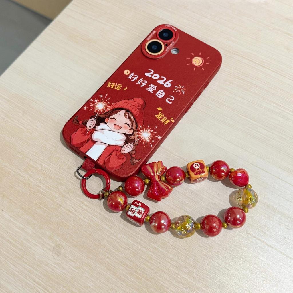 2026 red mobile phone case for Apple 17 New Year's girl 16promax silicone 13 soft 15 lanyard 14 sets