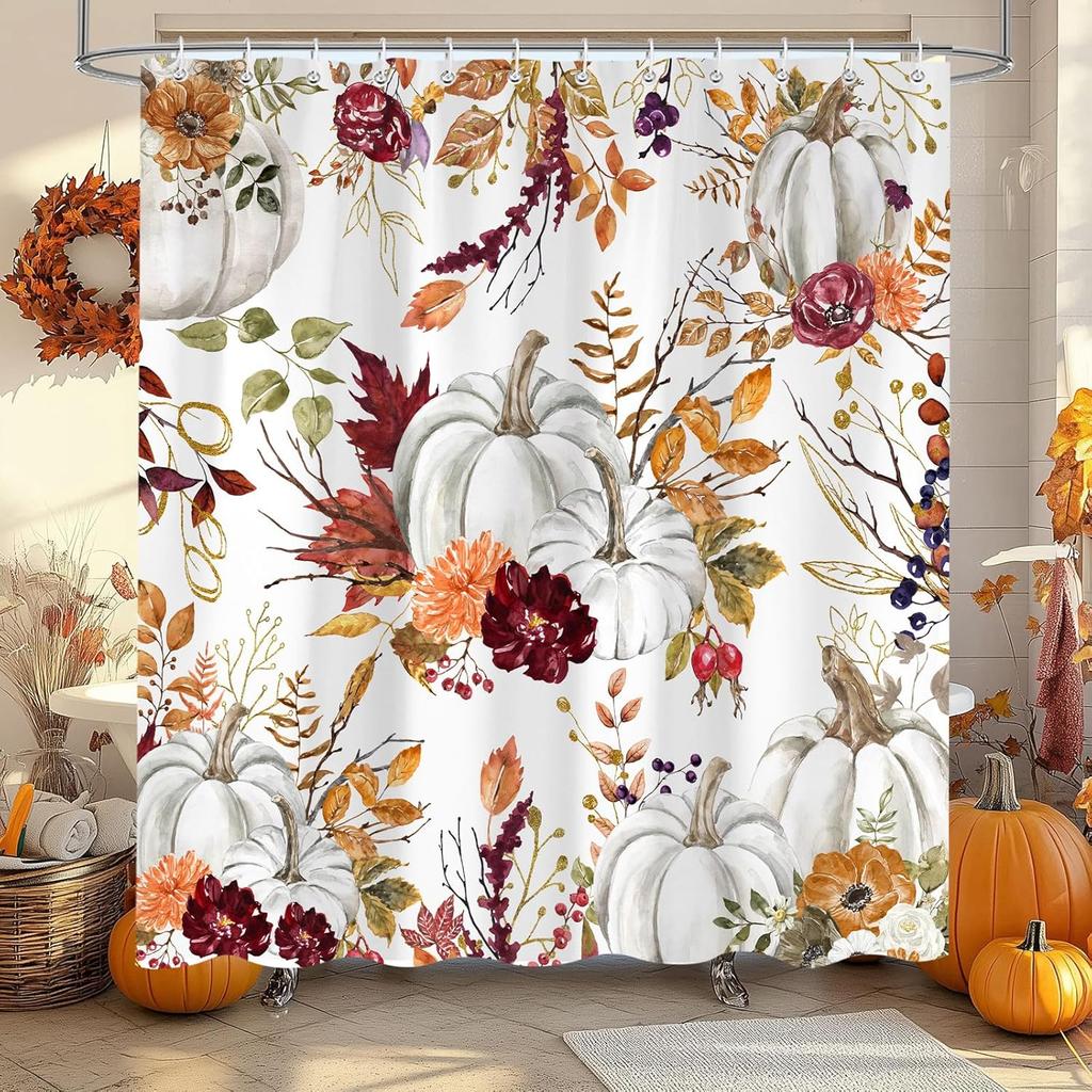 Fall Pumpkin Maple Leaf Shower Curtain, Autumn Thanksgiving Harvest Orange Pumpkin Design Bath Curta for Bathroom, Watercolor Floral Decor Waterproof