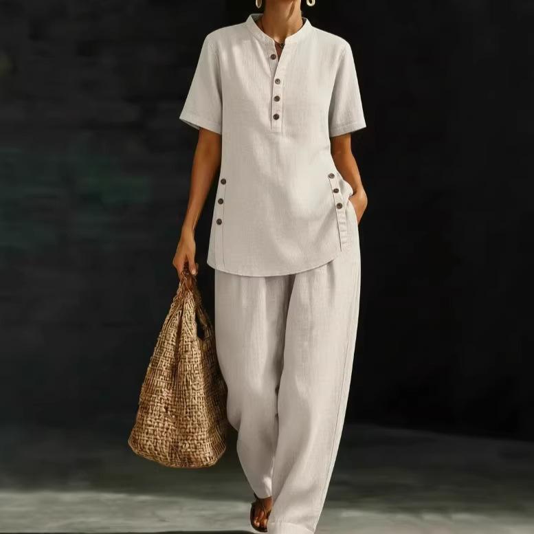 Women's Light Blue Short Sleeve Button Front Top and Wide Leg Pants Set
