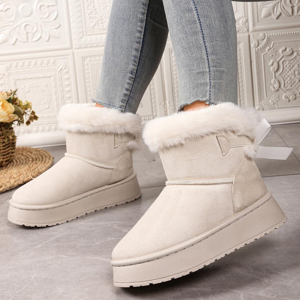 Fashion 2025 New Women Boots Casual All-match Thick Soled Mid-tube Snow Boots Bow Plus Cotton Boots Fashion Retro Outdoor Women Shoes