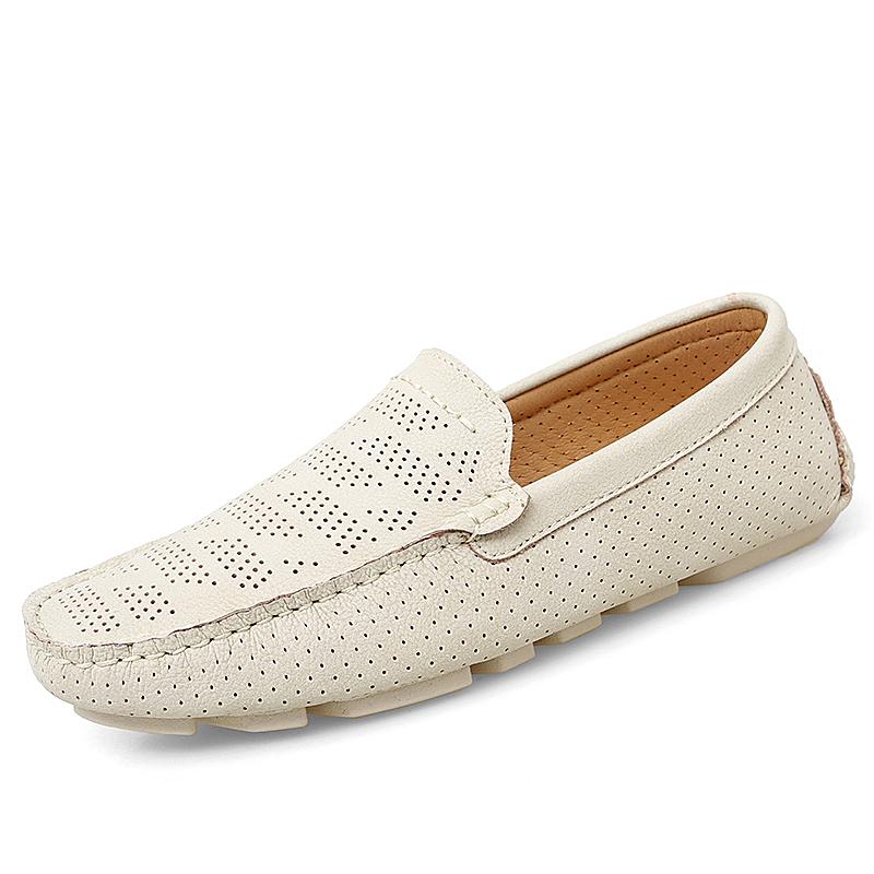 Mens Genuine Leather Loafers Breathable Hollow Out Flats Casual Slip On Driving Shoes Moccasins Summer Big Size