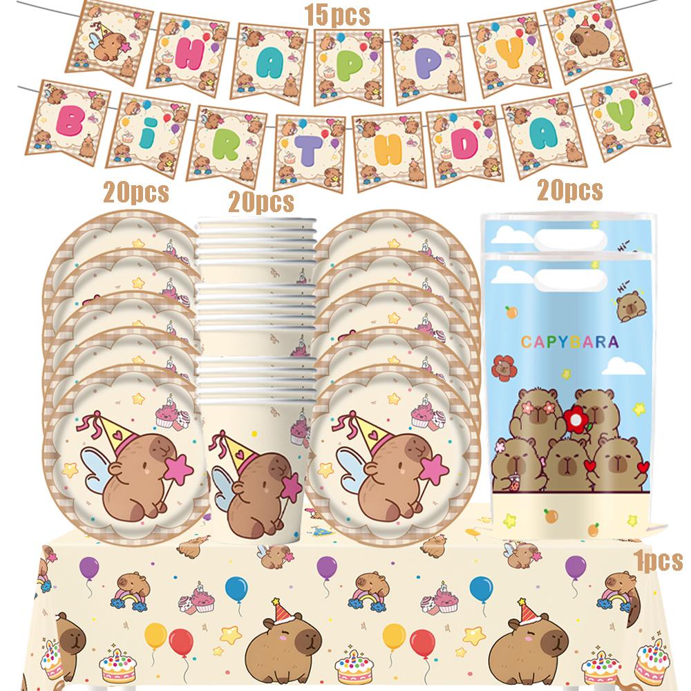 Capybara Disposable Tableware Set  Birthday Party Capybara Tablecloth Cups Plates Napkin Banner Cake Topper Kids Party Supplies