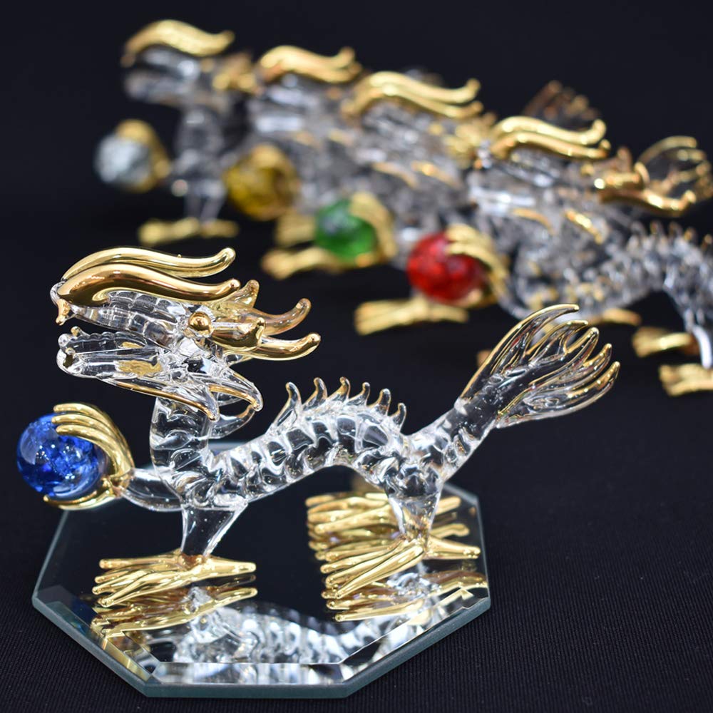 Four Cart Handmade Glass Feng Shui Good Luck at Work [Dragon Holding a Ball] 4-inch x 3-Piece Set