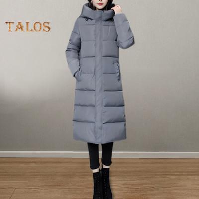 Winter Down Coat Thickened Padded Hooded Stand Collar Knee Length Pockets Zipper Closure Windproof Heat Retention Warm Daily Cold Weather Outwear