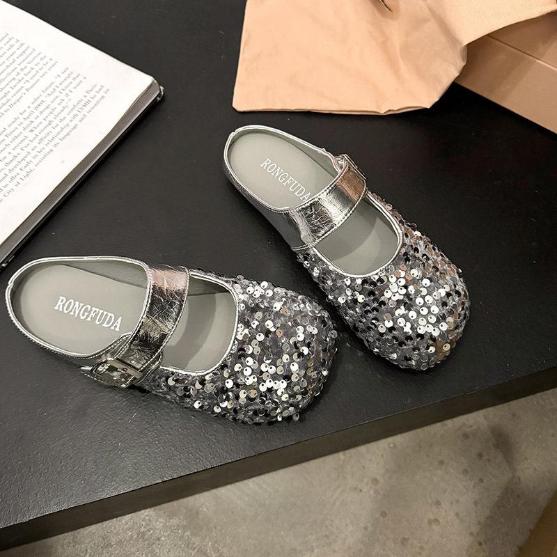 Fashion Glitter Slides Shoes Woman 2024 Slippers Flat Low Female Mule Pantofle Cover Toe Jelly Mules New PU Bling Crystal Rubber Rome Ho