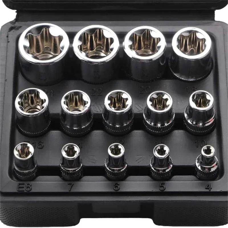 Set di Bussole E-Torx Femmina con Custodia, 1/4, 3/8, 1/2 poll.. Kit di 14 bussole torx esterne Drive E4-E24