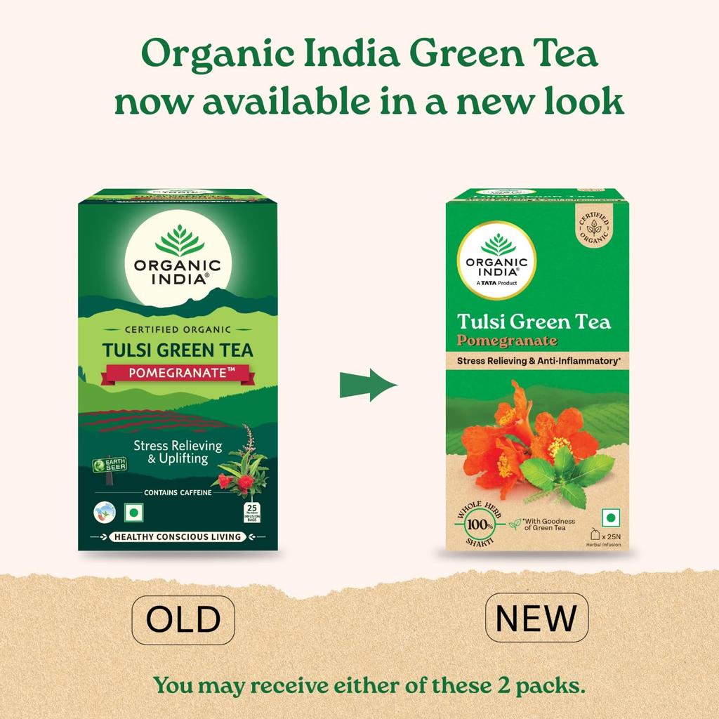 ORGANIC INDIA Tulsi Green Tea Pomegranate - 25 Tea Bags, Certified Organic, Stress Relief, Antioxidant-Rich Herbal Infusion