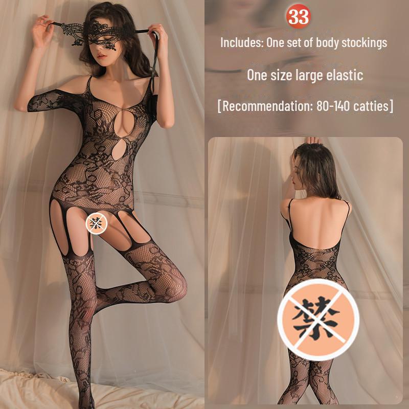 Erotic Black Mesh One-Piece Lingerie Set with Open Stockings - Tempting and Sexy