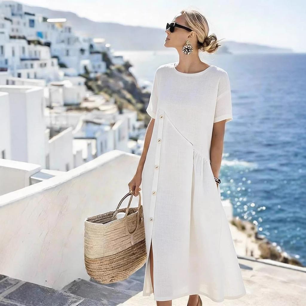 New Dress Casual Button Decoration Shrink Pocket Medium Length Dress