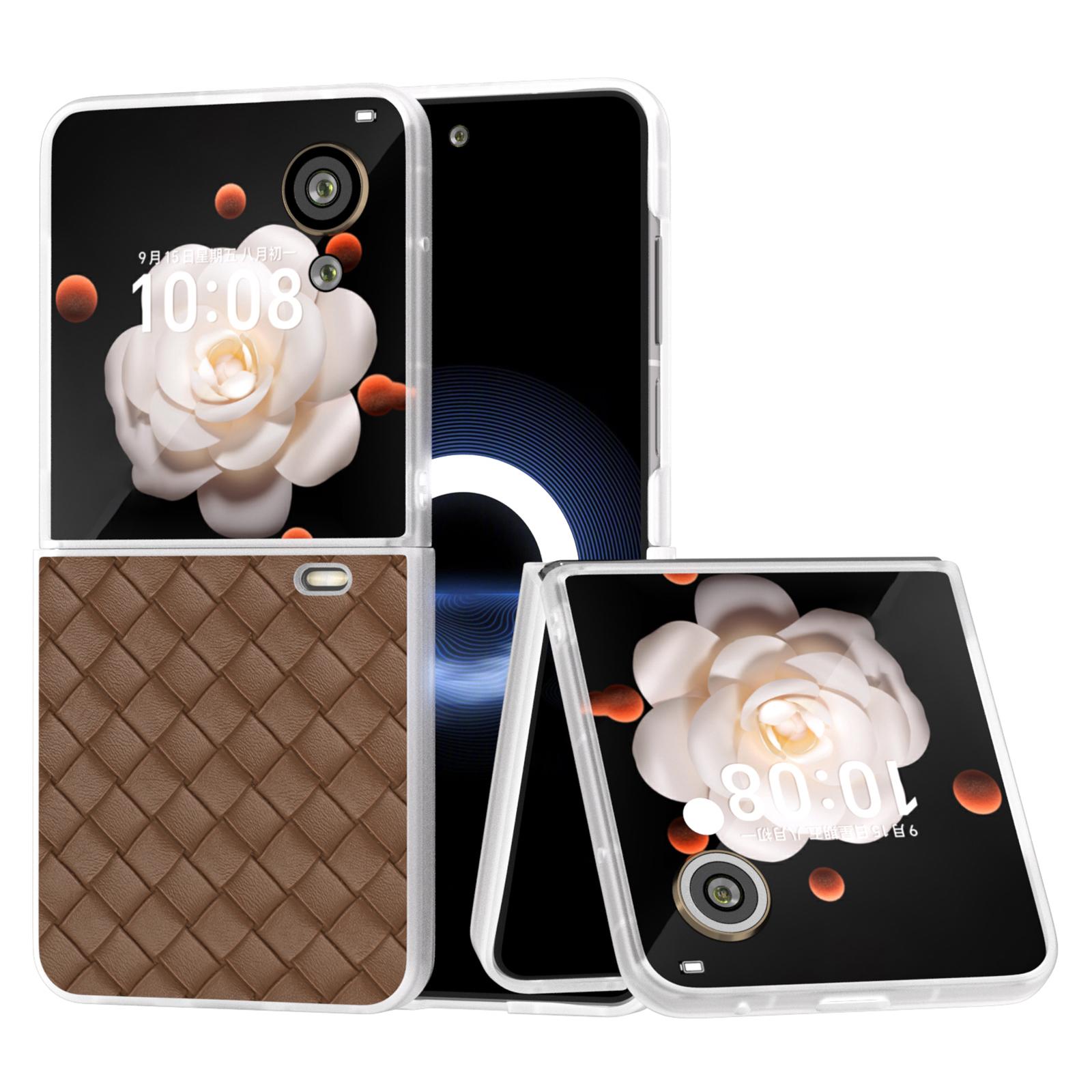 

For Honor Magic V Flip 5G Case Woven Texture Matte Edge Leather+PC Phone Cover Brown