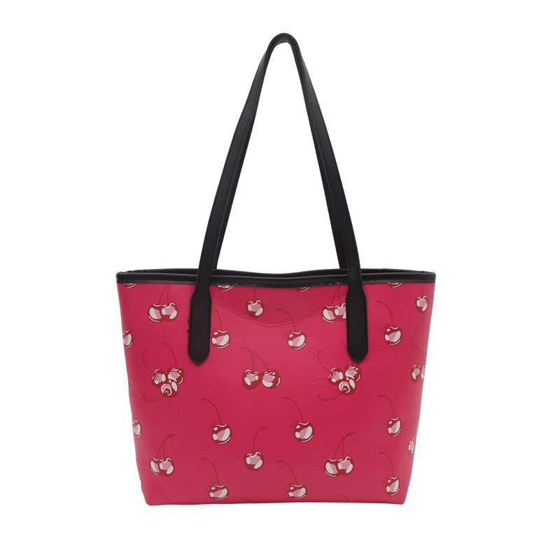 Cherry Print Large Capacity Tote Bag Faux Leather Shoulder Handbag Trendy Street Style Commuter Purse for Women