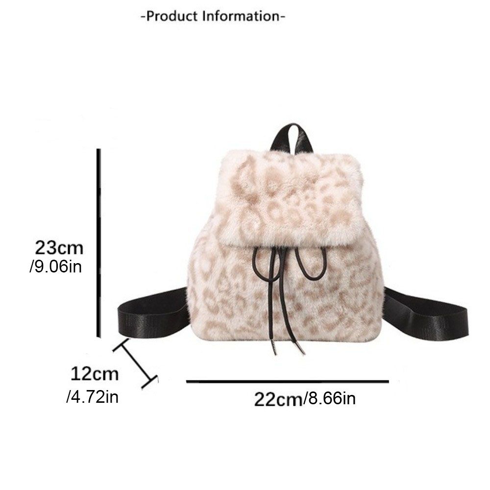 Drawstring Faux Fur Backpack Large Capacity Plush Knapsack Soft Leopard Print Daypack Girl