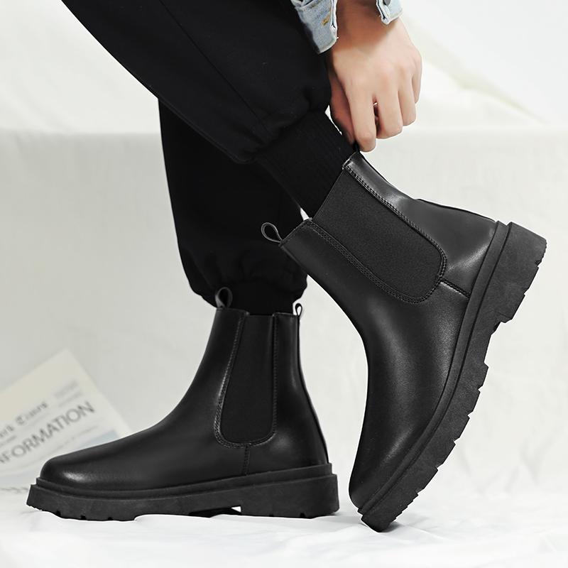 Fashion Slip On Men's Chelsea Boots Winter Leather Boots Outdoor High Top Men's Ankle Boots Plush Warm Cotton Boots Casual Shoes