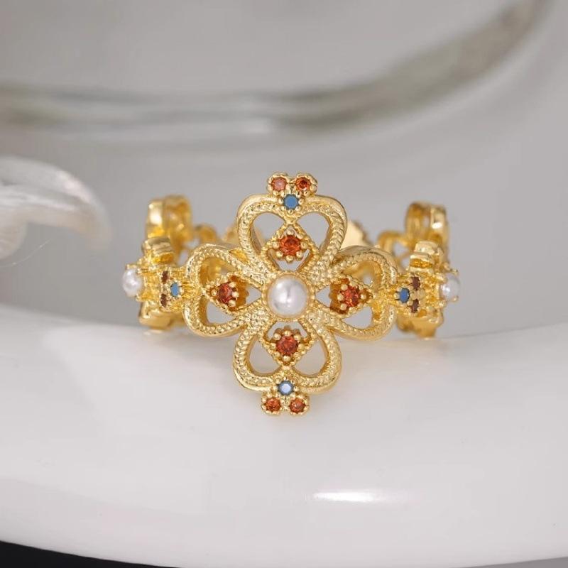 Palace Style Four-leaf Clover Ring Stylishretro Open Women s Ring Adjustable opening