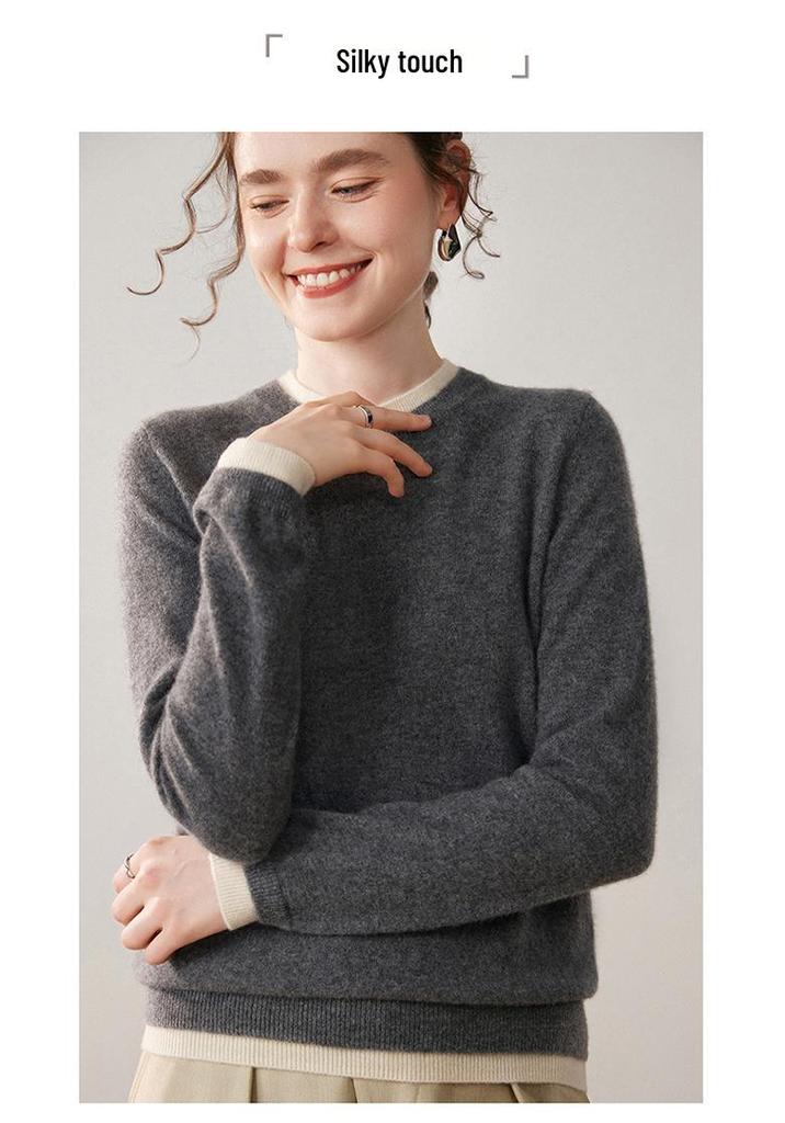 Women's Stylish Color-Block Cashmere Round-Neck Slimming Sweater - Versatile Two-Piece Look