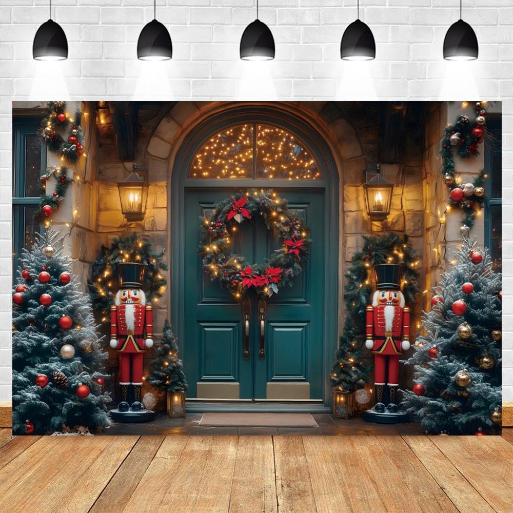 Winter Christmas Photography Backdrop Christmas Toy Wooden Door Nutcracker Garland Family Kids Portrait Photoshoot Background