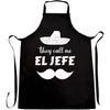 El Jefe Kitchen Apron, Black Polyester Cotton, One Size Fits All, Mexican Chef Design with Sombrero, Unisex Cooking Workwear, 33x27 Inches