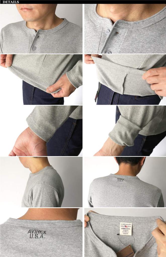 AVIREX Daily Series Henley Neck Long Sleeve Cut and and Size 6153482 T-Shirt, Sewn, Men's Women's, M, 14_Gray,