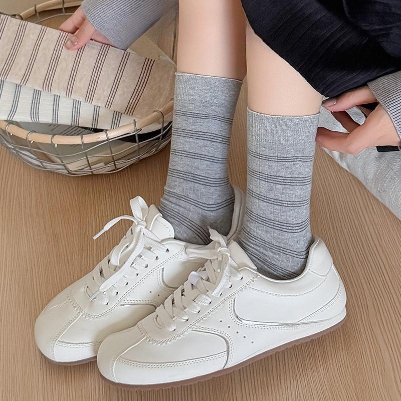 Mid-calf Pile Socks for Girls' School Style, Fine Striped Basic Color-blocked Cotton Socks, Boneless Socks
