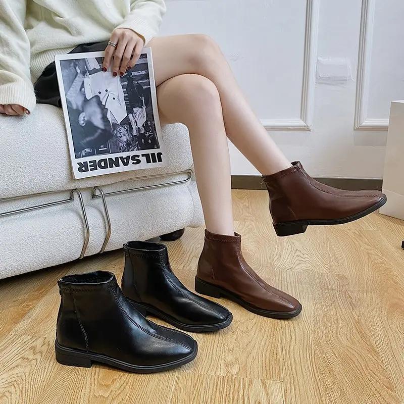 Fashion 2024 Spring and Autumn Fashion British Zipper Design Women's Short Boots Simple Solid Color Square Toe Thick Heel Chelsea Boots