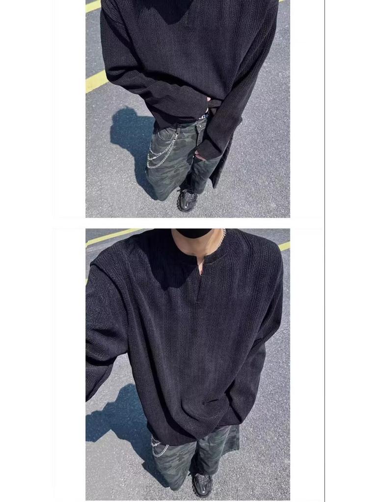 Men's High-End Jacquard Hoodie: Wrinkled Waffle Knit Long Sleeve T-Shirt with Elastic Padded Shoulders