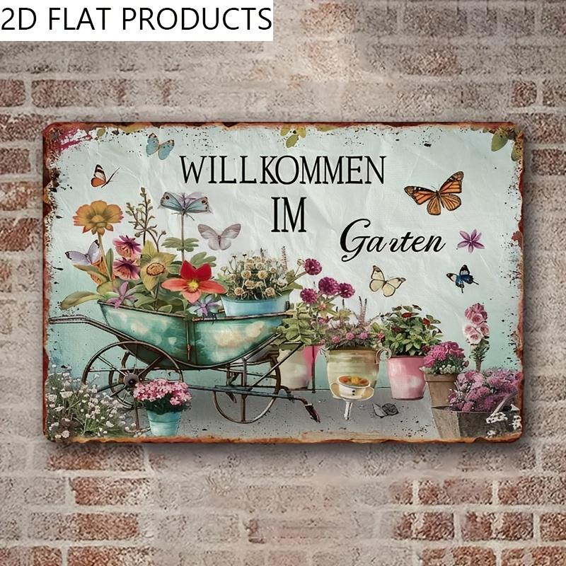 Vintage Willkommen Im Garten Metal Wall Hanging Decorative Plaque Rustic Garden Theme with Butterflies Flowers Ideal fo 20x30cm(7.8x11.8inch)