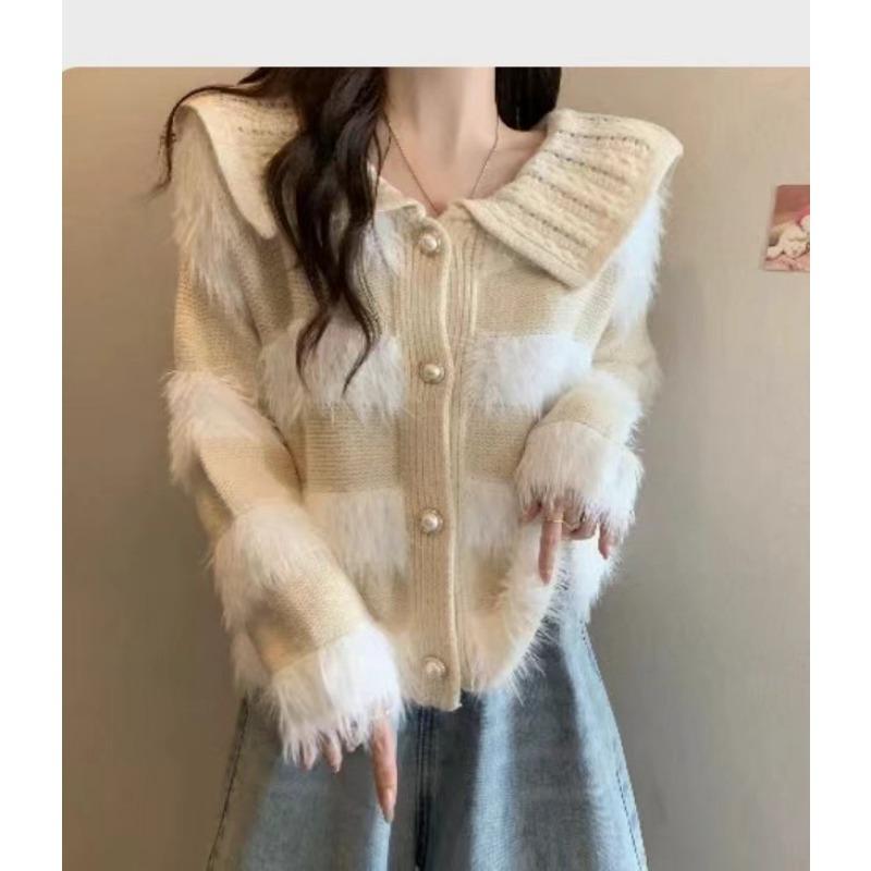 

Spring and Autumn New Imitation Mink Lazy Wind High-end Soft Waxy Sweater Cardigan Doll Collar Soft Waxy Knitted Sweater Women one size fits all