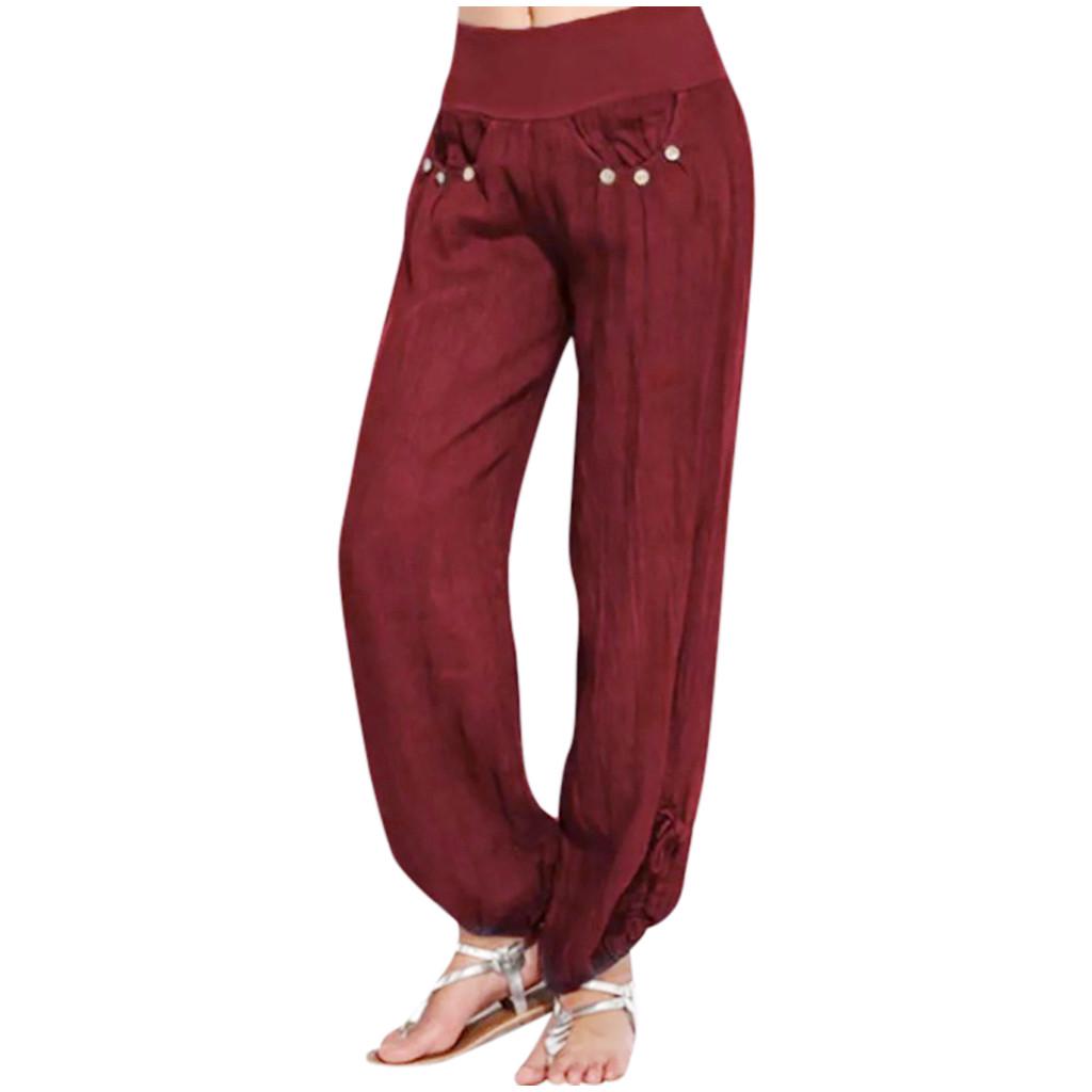 Fashion Women Solid Buttons Cotton And Linen Casual Loose Trouser Wide Leg Pants