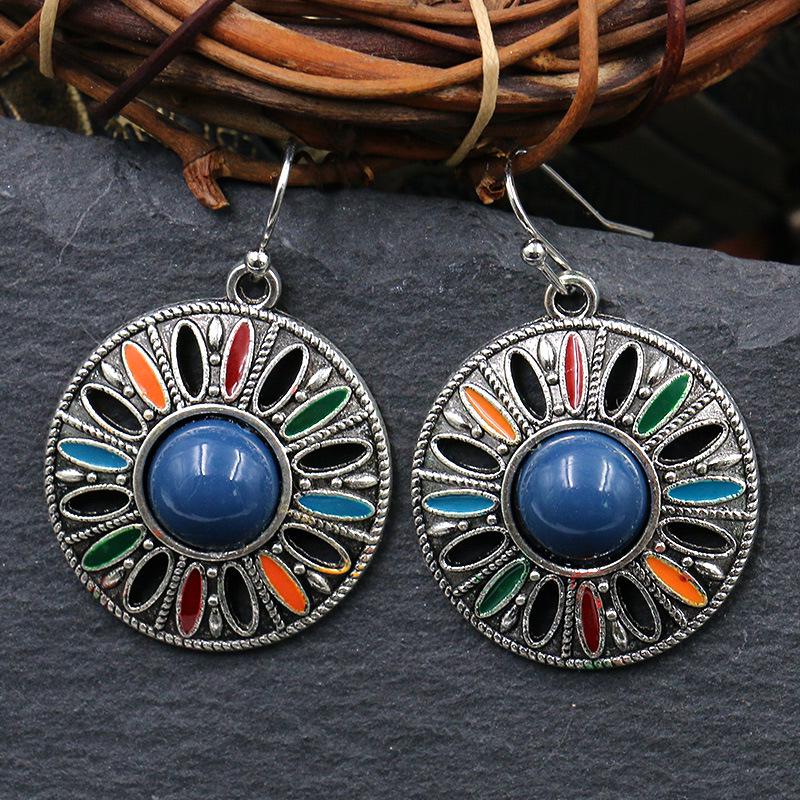 Ethnic Boho Colorful Enamel Earrings For Women Bomemian Retro Hollow Flower Round Geometric Vintage Drop Dangle Earrings Jewelry