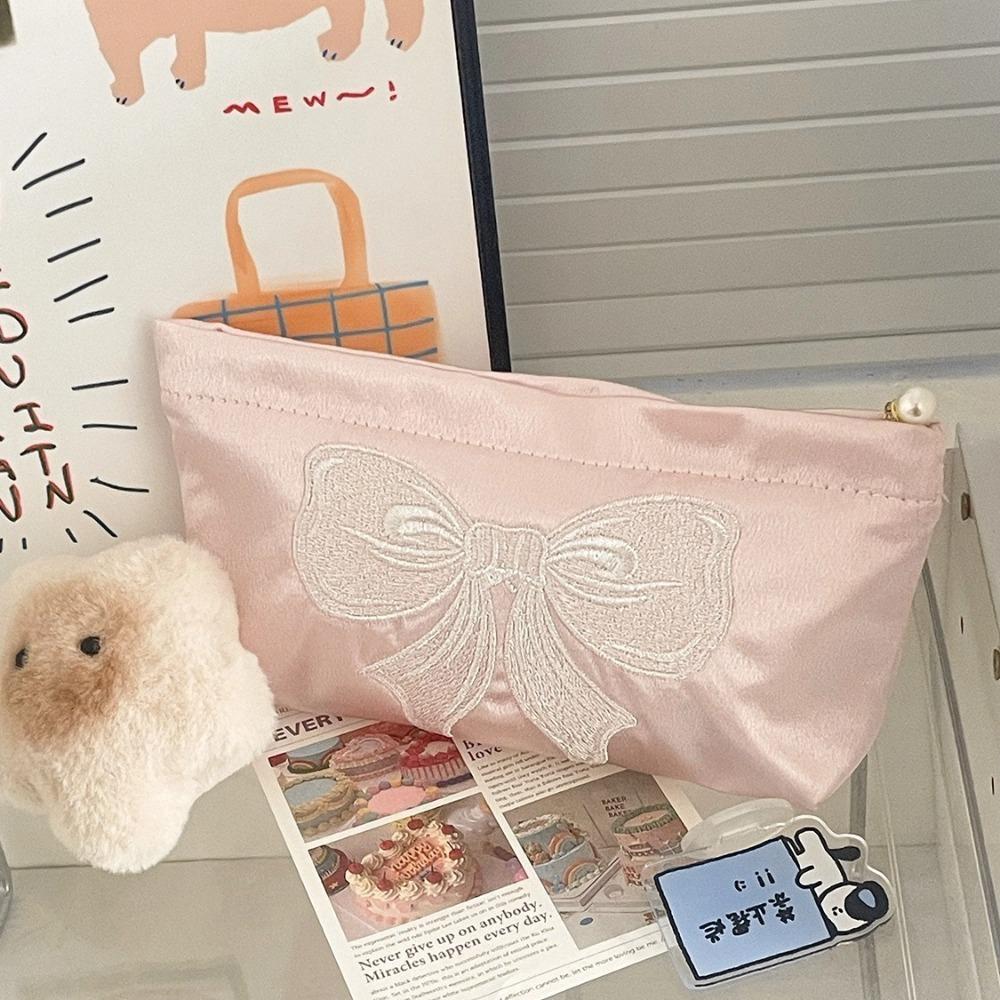 Luxury Pink Bow Makeup Bag Handbag Bow Embroidery Toiletry Storage Pouch Pearl Zipper Make Up Organizer Bag Ladies