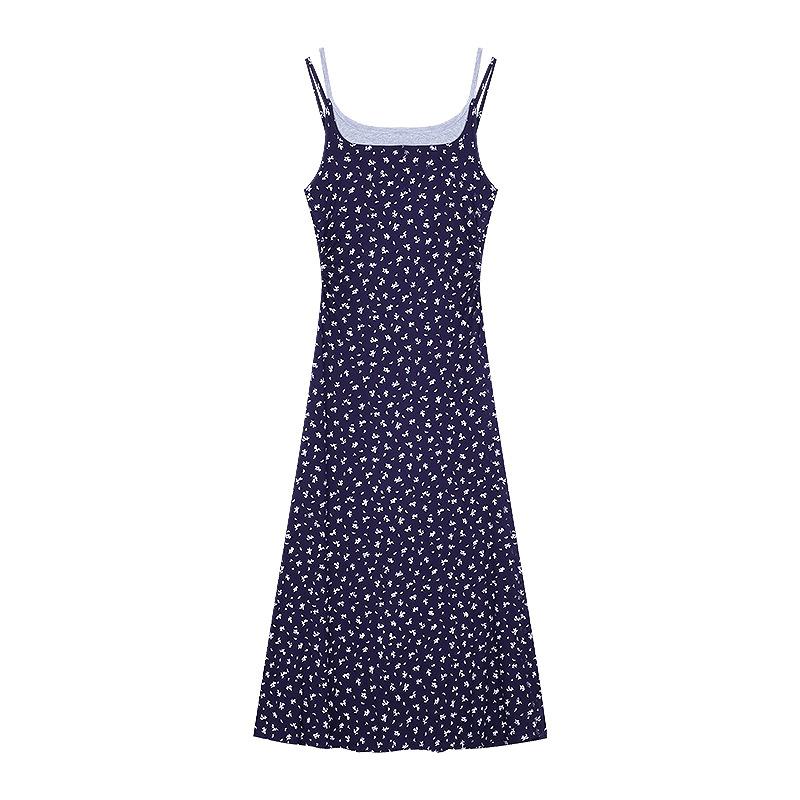 

Blue gentle wind floral suspender dress women s summer seaside design feeling waist slim swing skirt long skirt S синий