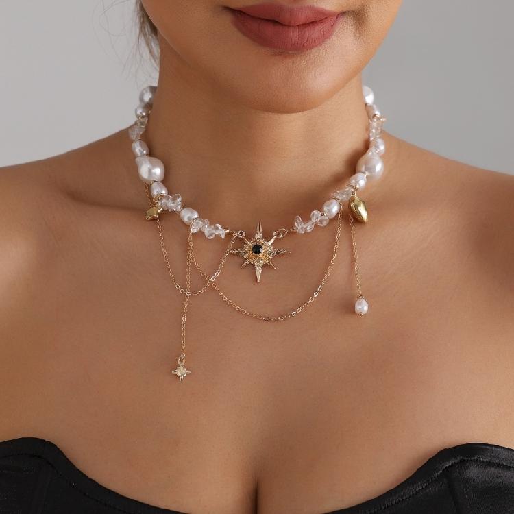 Octagram Necklace Trendy Short Collar Chain Lightweight Alloy Jewelry With Faux Pearls Details For Women