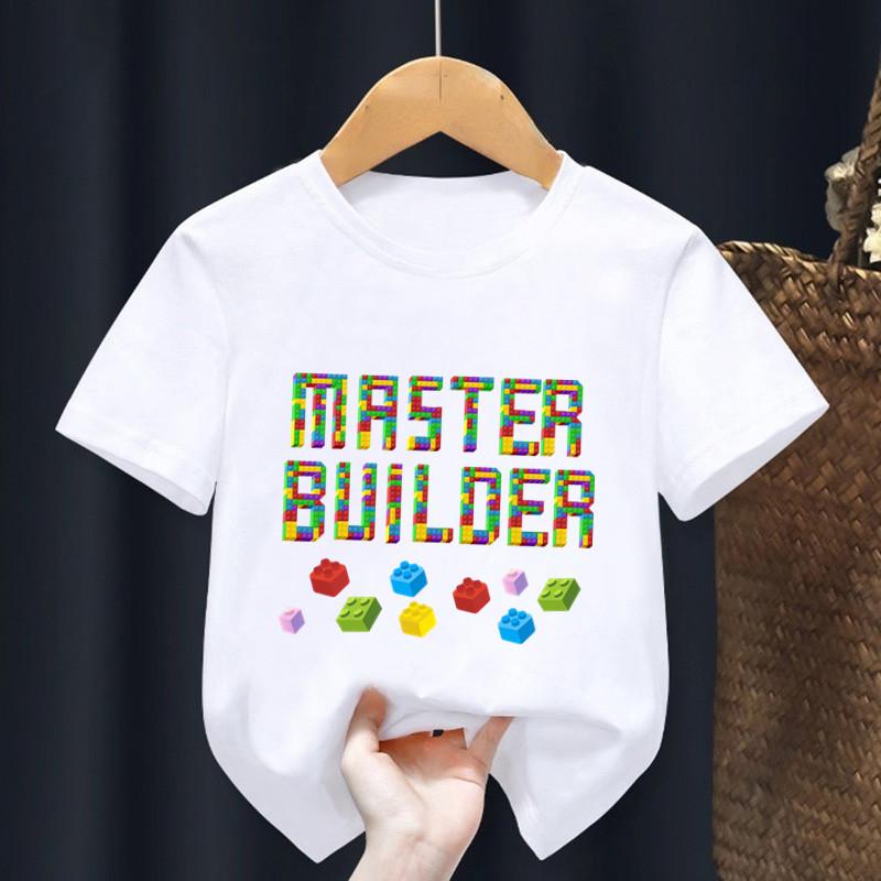 Master Builder Blocks Building Print Cartoon Kids T Shirt Girls Summer Tops Baby Boys Clothes Children Short Sleeve T-shirts