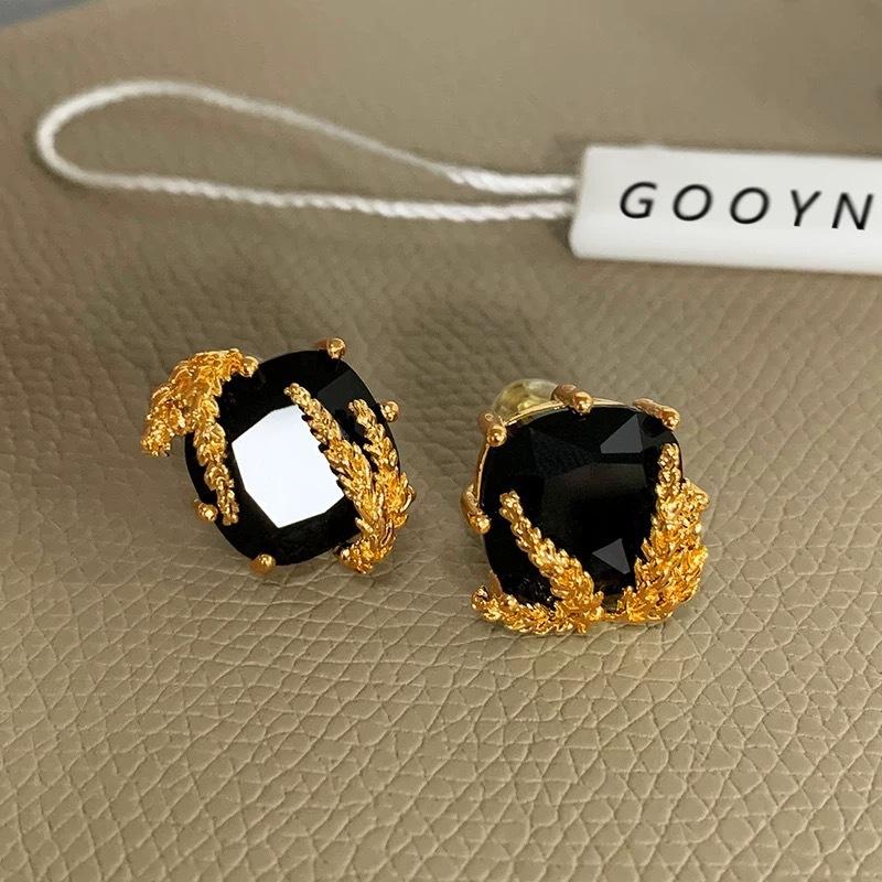 Francuskie kwadratowe kolczyki sztyfty z obsydianu w kształcie diamentu i kłoska pszenicy, wyczucie osobowości, niszowy design, lekki luksus, kolczyki ze srebra próby 925, kolczyki