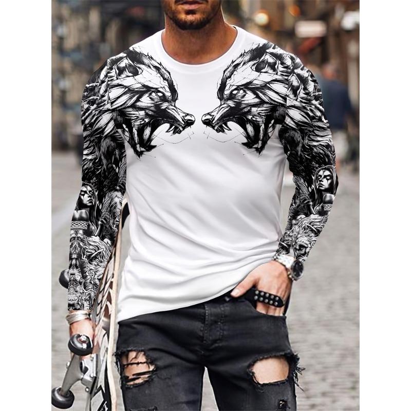 3D Wolf Print Autumn And Winter Men's Top Daily Casual Men's Long Sleeve T-shirt Outdoor Street Fashion Men's Long Sleeve Top