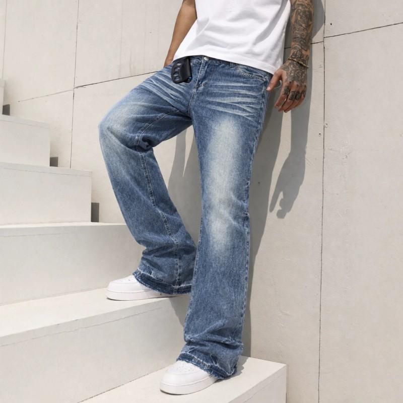 TK Fall American Vintage Textured Washed Blue Relaxed Flared Straight Jeans Teens