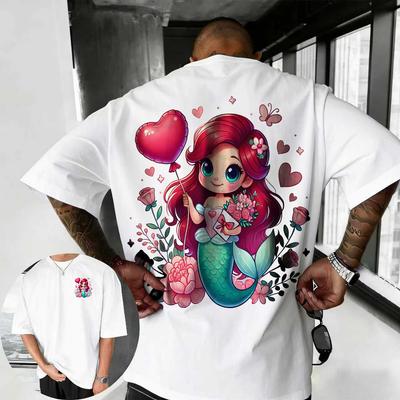 2026 Summer Disney Cute Little Mermaid Print Tshirt 100 Pure Cotton Shortsleeved Casual Loose Breathable Top Unisex