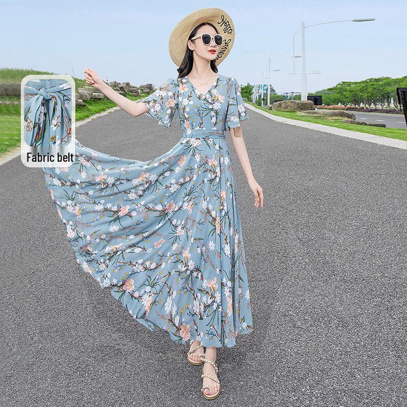 Damen V-Ausschnitt Rüschenärmel A-Linie Geblümt Strandkleid