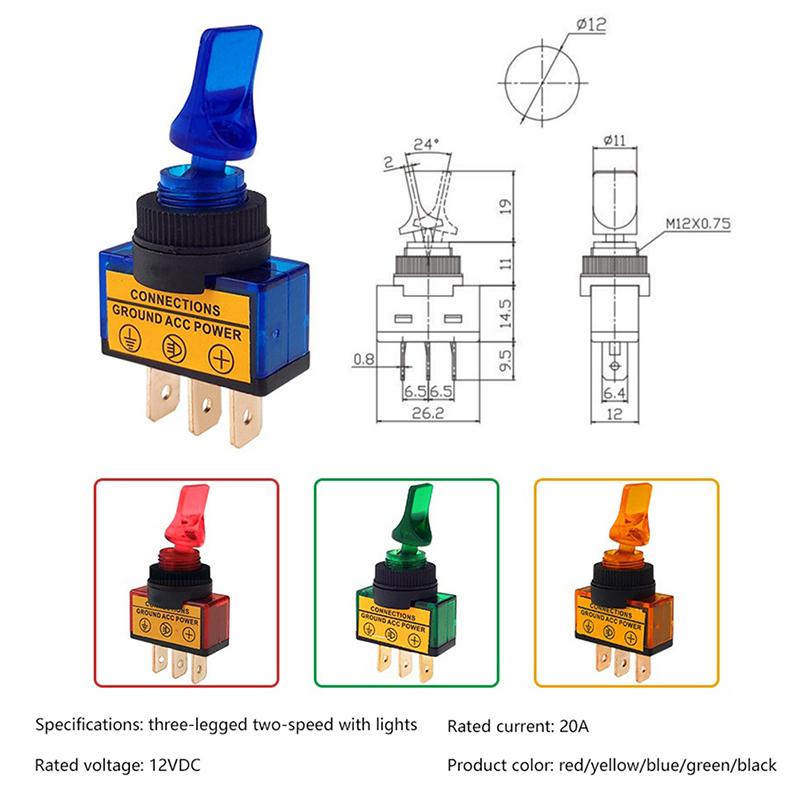 12V Led Toggle Switch 3-Pin 10A 3-Pin Asw-14D Short Handle With Led Lights Waterproof