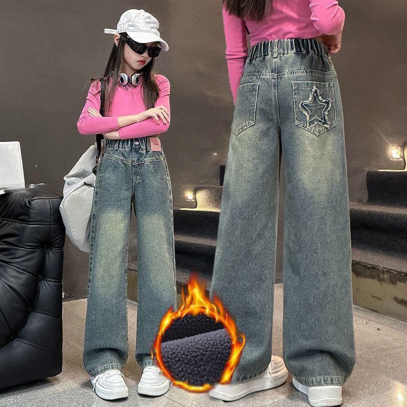 

Детские утепленные джинсы для девочки, теплые толстые термоджинсы, брюки из денима для девочек, осенне-зимние 110cm синий