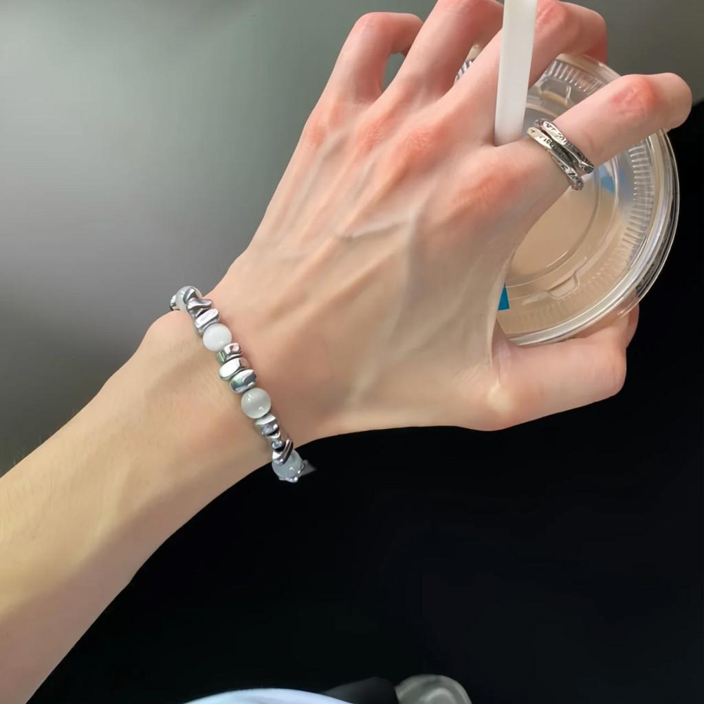 Titanium Steel Cross Bracelet For Men With Cat Eye Stone Bead Handcrafted Jewelry Gift
