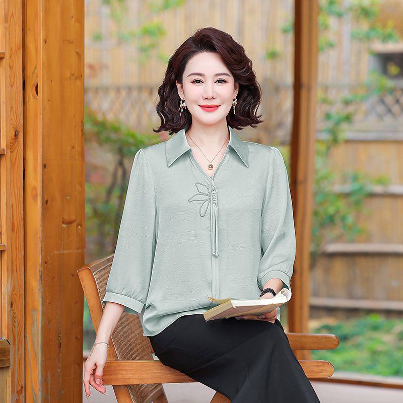 Trendy 2026 Summer Chinese Style Elegant Loose Denim Shirt for Moms 2XL (Recommended 105-125 lbs)