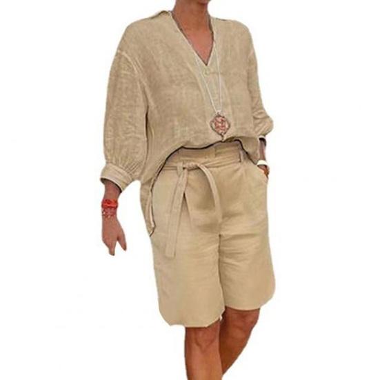 Women's Cotton Linen Two Piece Outfit Casual V-Neck Half Sleeve Lapel Shirt And Belted Wide Leg Shorts Summer Lounge Set with Pockets