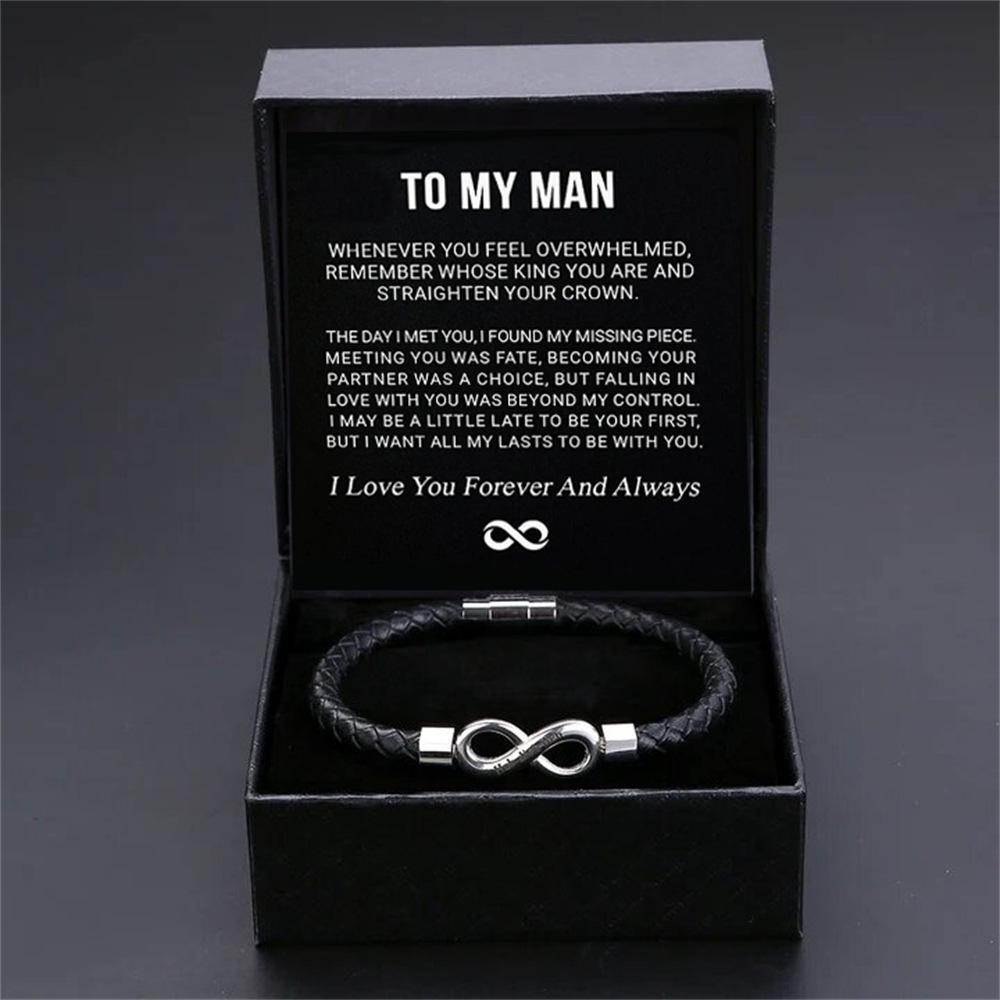 Engraved Stainless Steel Leather Bracelet with Magnetic Clasp – 'To My Man' Gift Set