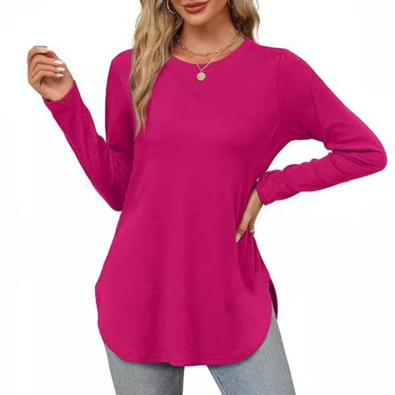 Long Sleeves Women's Solid Color Long Sleeve Top Crew Neck Loose Casual Bottom Shirt