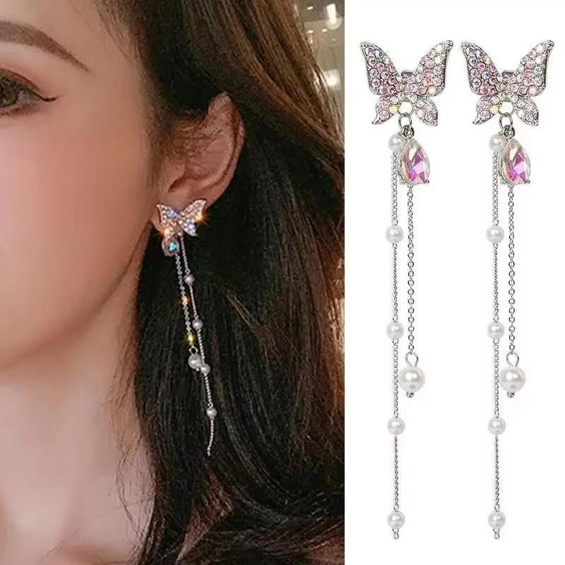 925 Silver Needle Green Red Butterfly Long Tassel Earrings For Women Jewelry Trending Korean Fashion Crystal Drop Earrings
