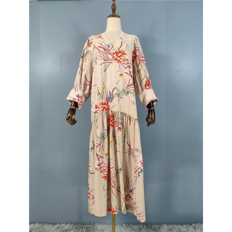 

Export Single H Home Exquisite Print Fall and Winter New Arrival Loose-Fitting V-neck Long Sleeves Retro Fashion Elegance Lazy Dress Women Color XL