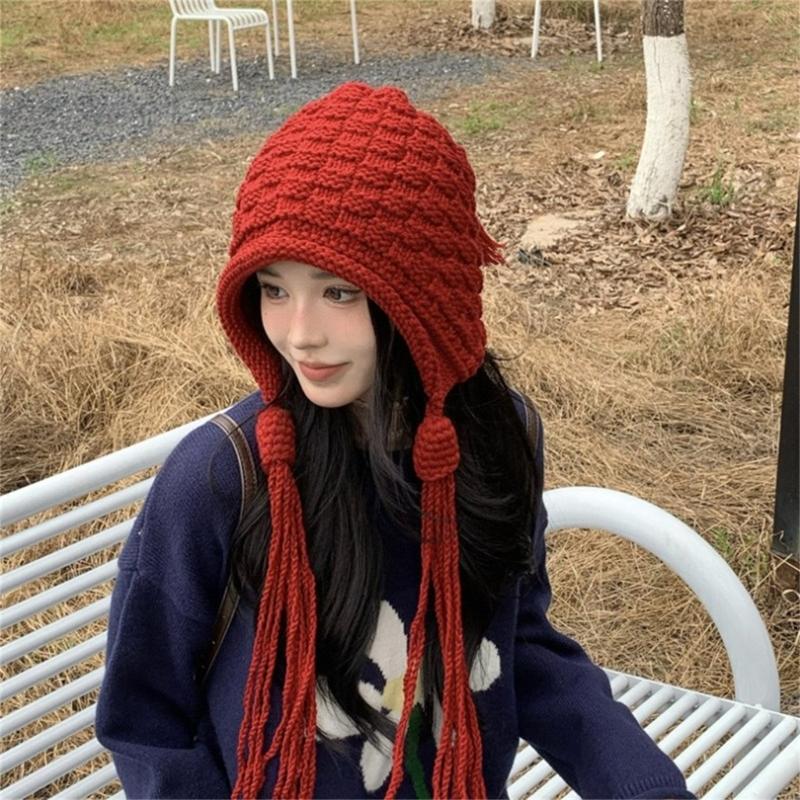 Handmade Fringed Braids Hat Y2K Sweet Girl Warm Beanie Hat InsStyle Bonnet Winter Autumn Skull Hat Pullover Earflap Hat