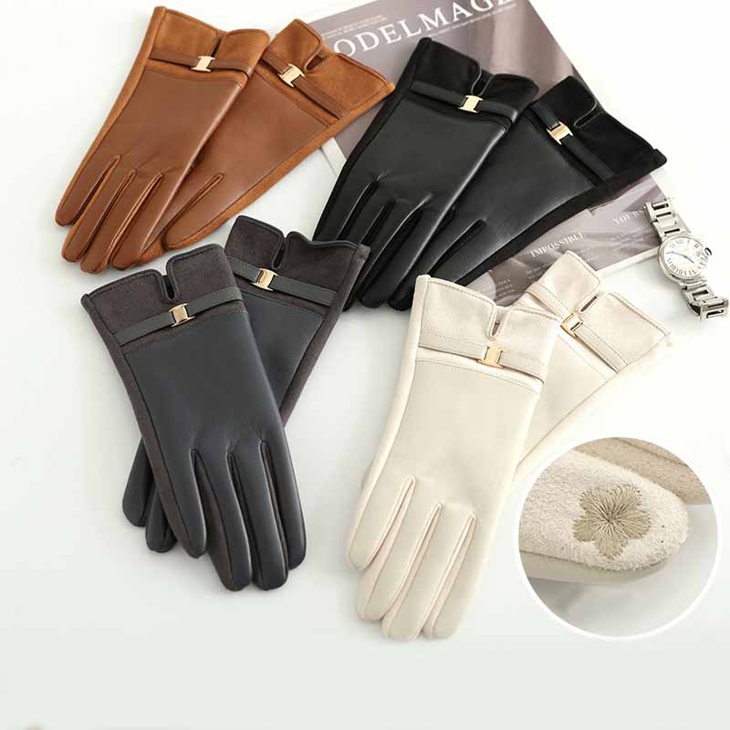 Szlachetne Eleganckie Modne Damskie Rękawiczki Zimowe z Zamszu Plus Aksamit Pogrubione Wiatroodporne Rękawiczki Ciepłe na Rower Jazdę Samochodem Dotykowy Ekran